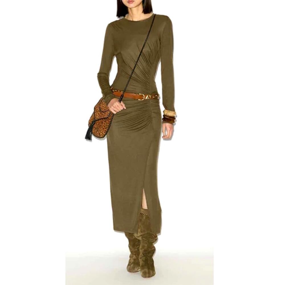 Marant Etoile Women's Khaki Long Draped Jersey Jelina Dress Size 40 | US 10